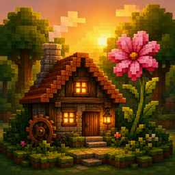 a warm voxel cottage beside a pink flower