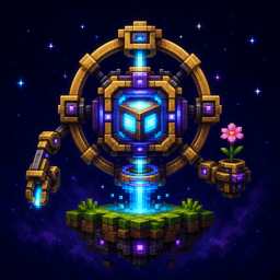 a luminous celestial machine above a floating island